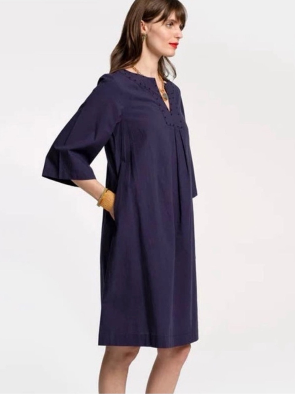 Frances Valentine Easy Dress Cotton Split Neck Tunic Caftan Shift Navy 1X - Picture 3 of 11